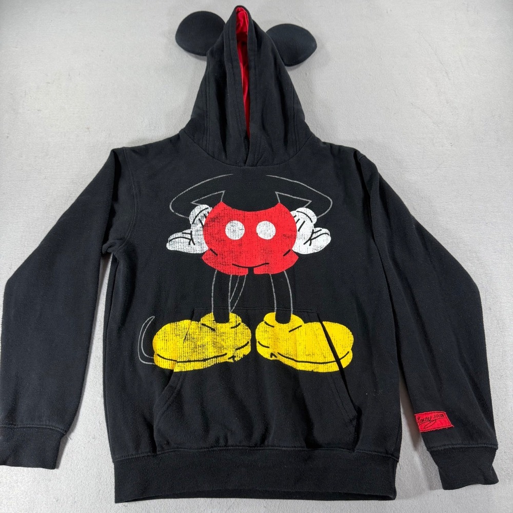 Disney Parks Mickey Mouse Ears Hoodie Black Kids Large L‎ Distressed Graphic